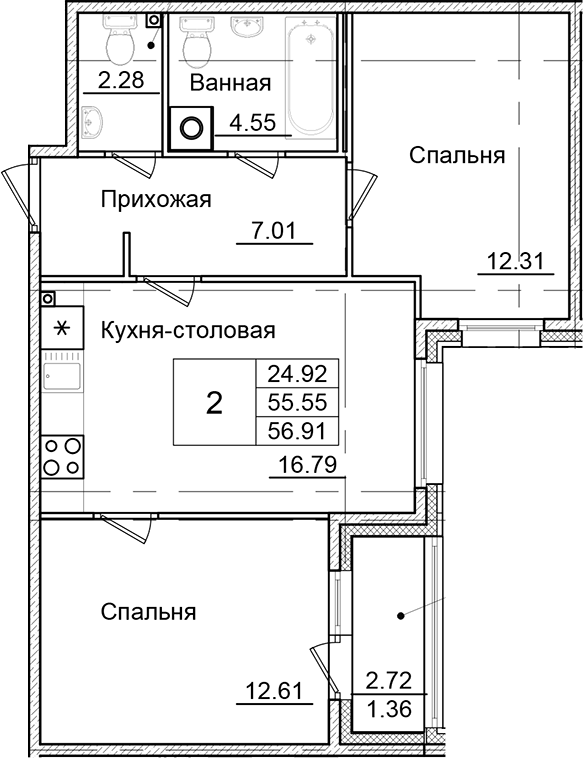 2-комнатная квартира 56.91 м², 2/9 эт., ЖК «Квартал Заречье»